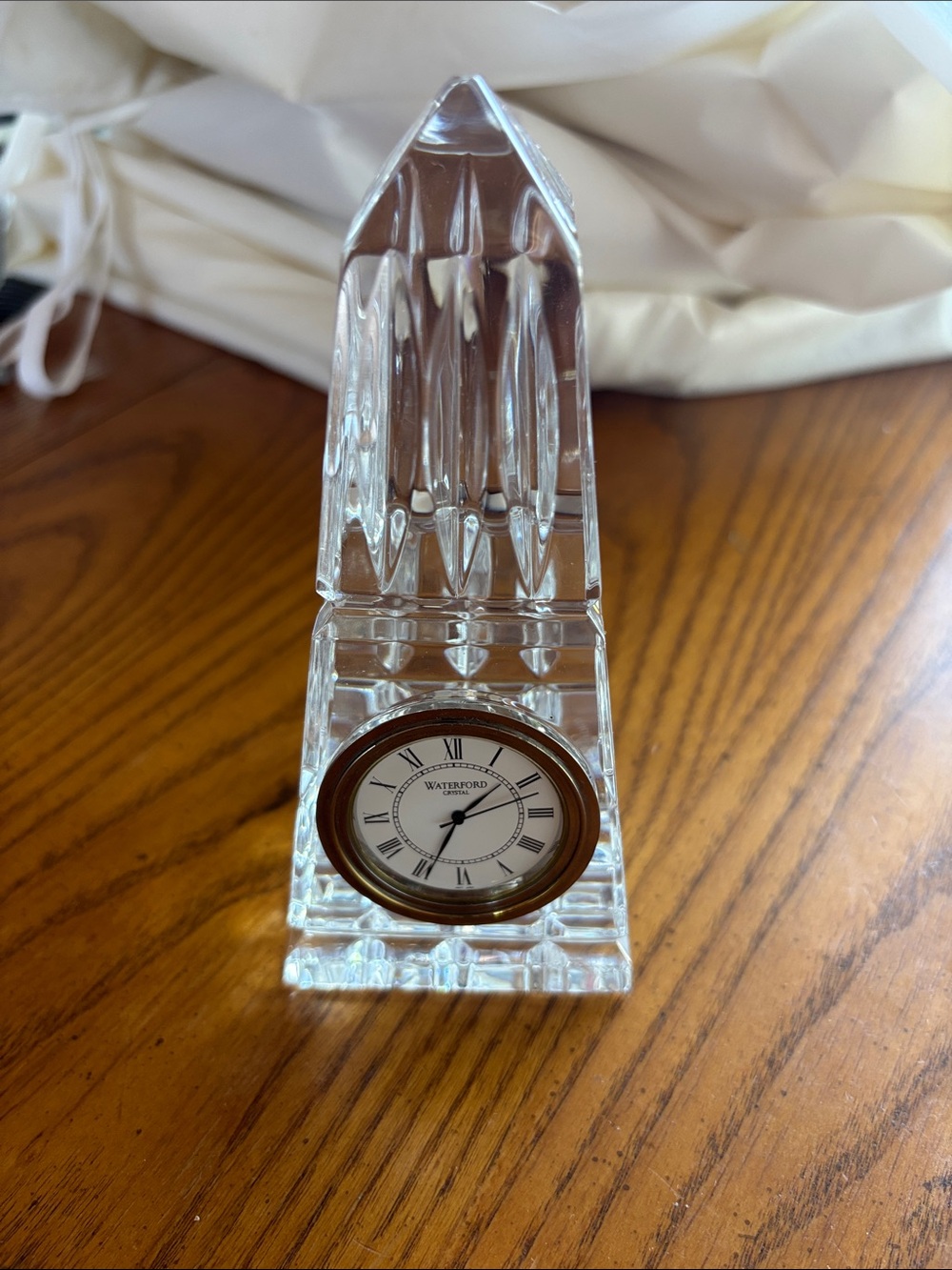 Waterford Clear Crystal Obelisk Clock with Gold-Tone Bezel